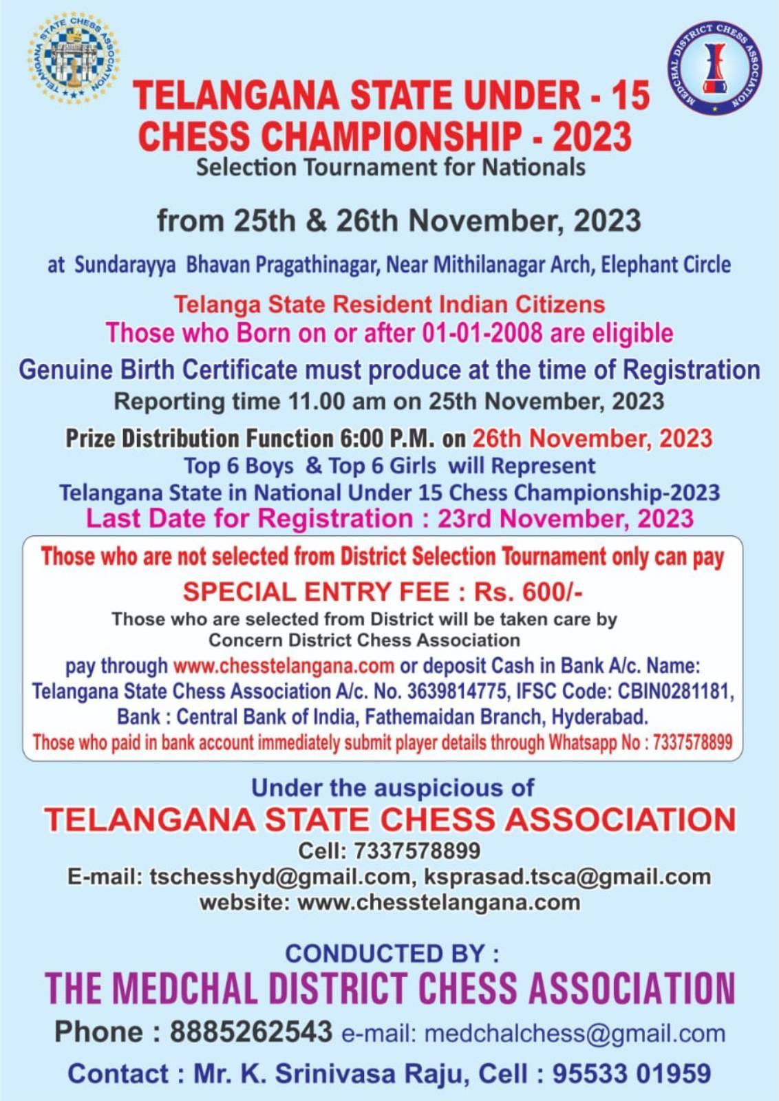 1st Karimnagar All India Open FIDE Rating Chess Tournament 2023 - Telangana  State Chess Association L