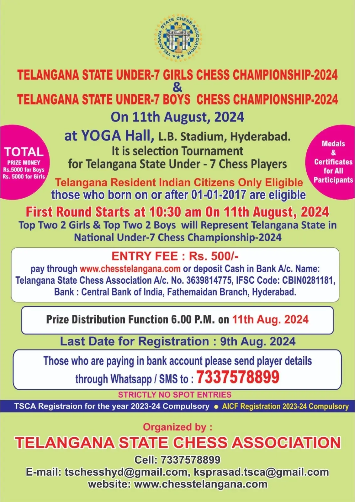 Telangana State Under-7 Girls Chess Championship–2024 & Telangana Boys Chess Championship–2024