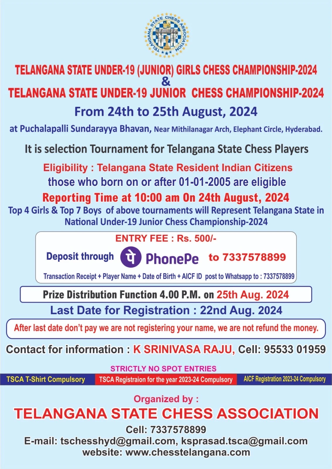 Telangana State Under-19 (Junior) Girls Chess Championship–2024 & Telangana State Under-19 Junior Chess Championship–2024