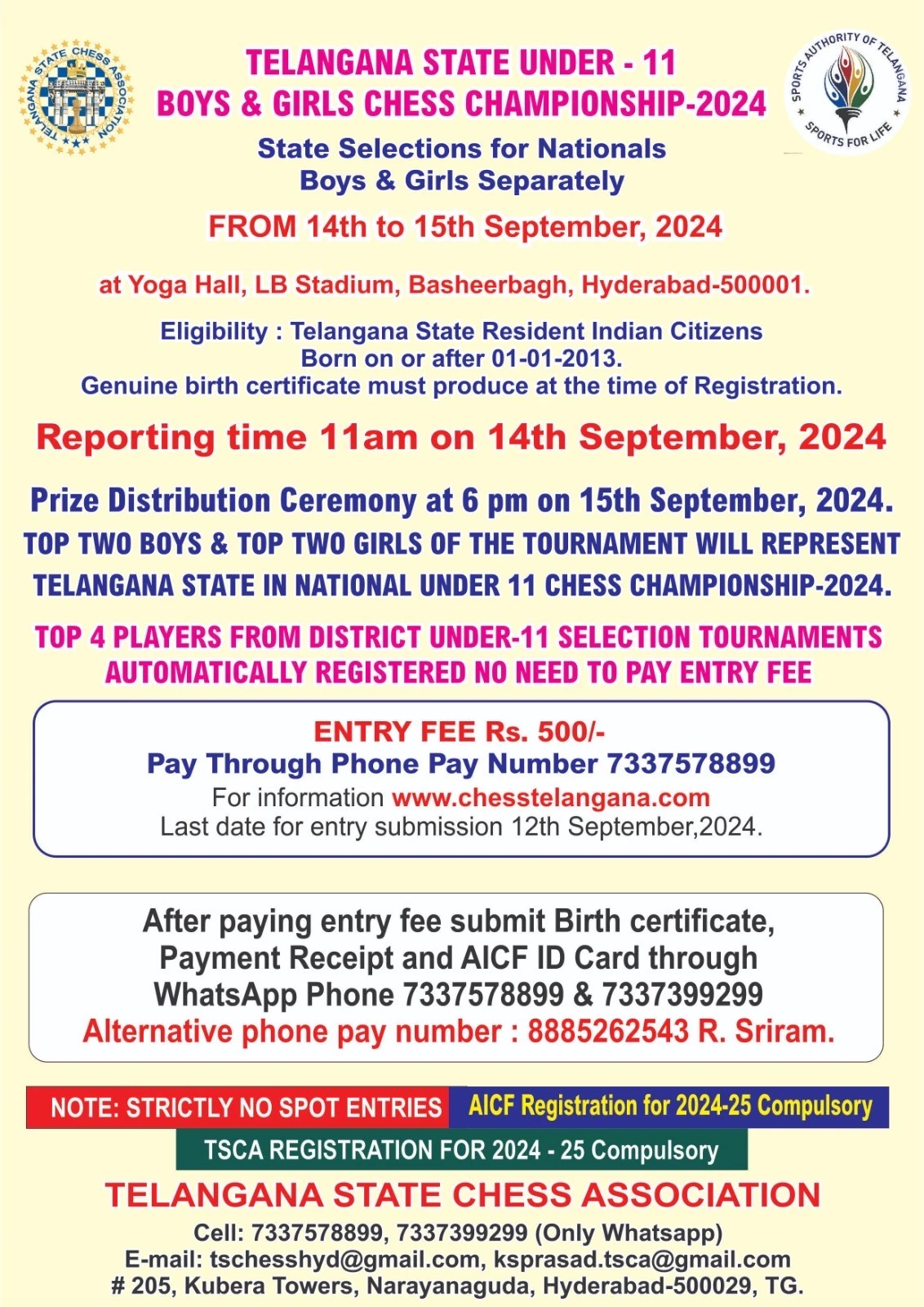 TELANGANA STATE UNDER-11 BOYS & GIRLS CHESS CHAMPIONSHIP–2024