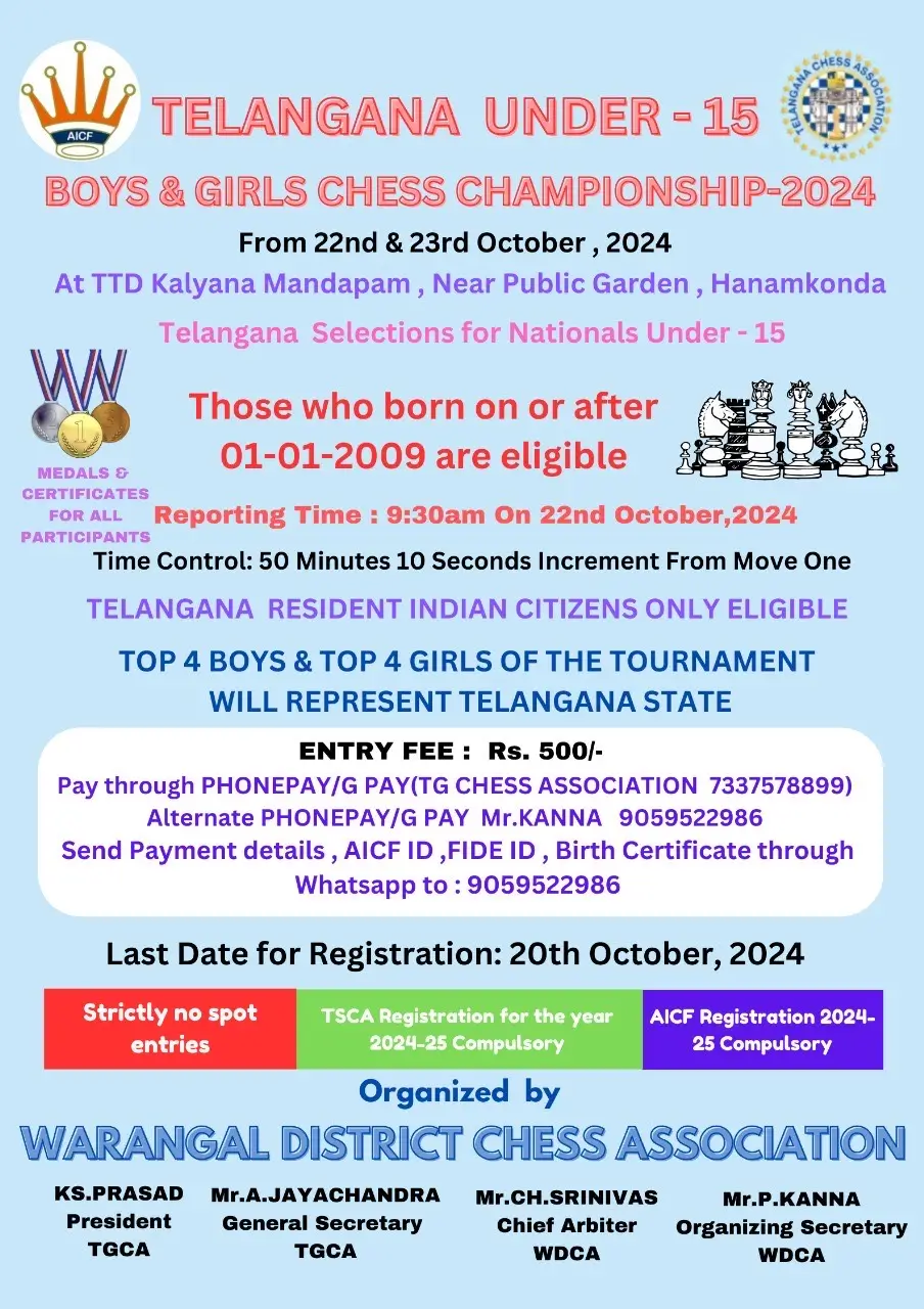 TELANGANA UNDER-15 BOYS & GIRLS CHESS CHAMPIONSHIP–2024