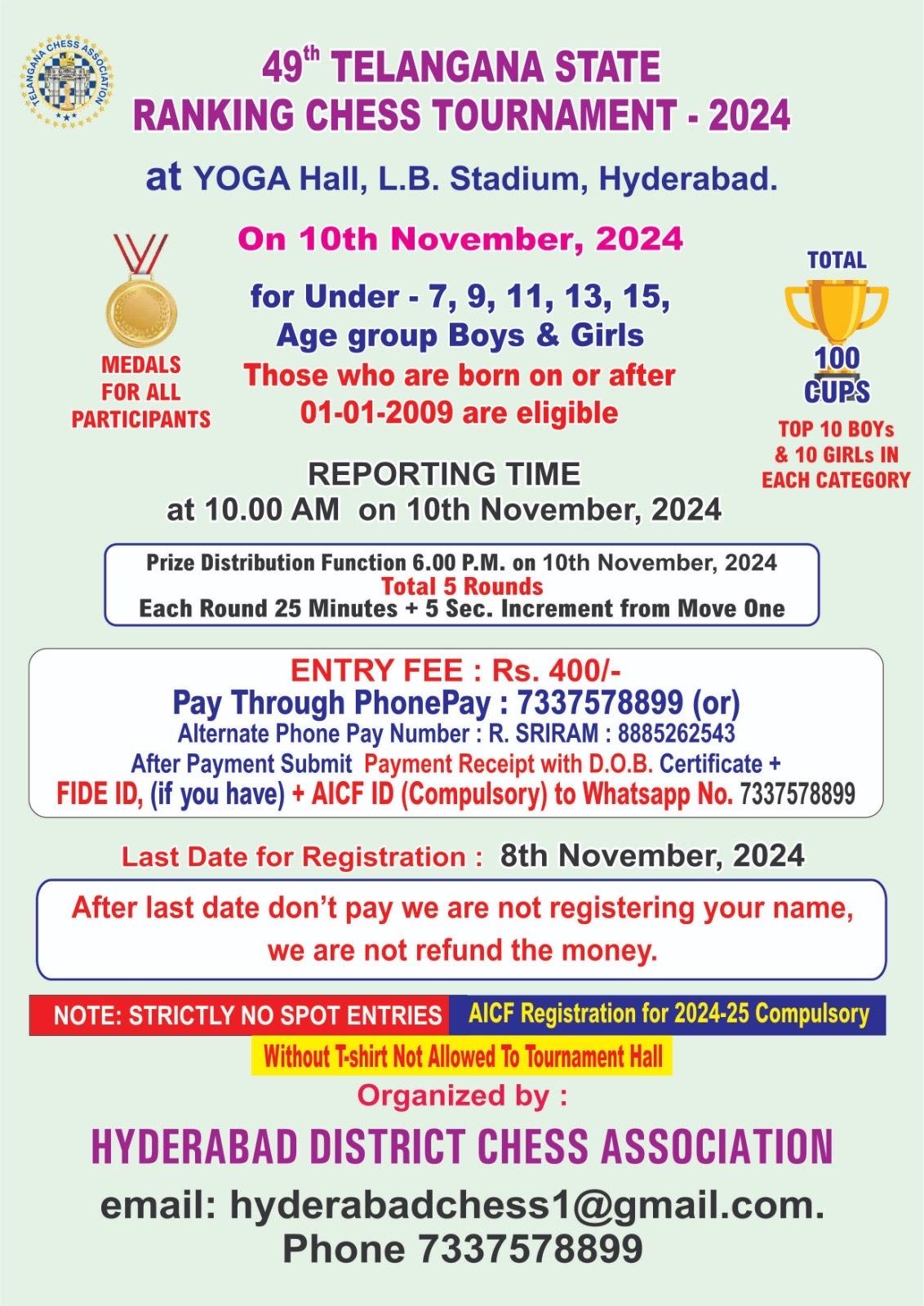 49th TELANGANA STATE RANKING CHESS TOURNAMENT – 2024